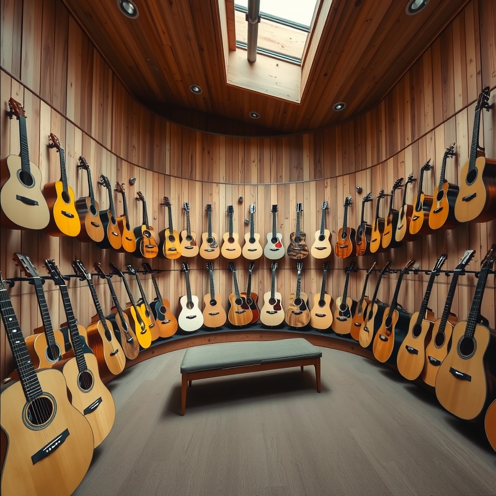 A curved timber acoustic room lined with guitars beneath a skylight