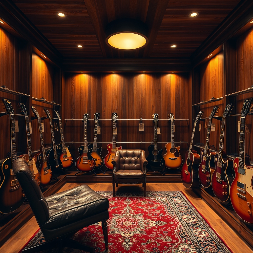 A walnut-paneled vintage guitar room with sunburst instruments and leather chairs